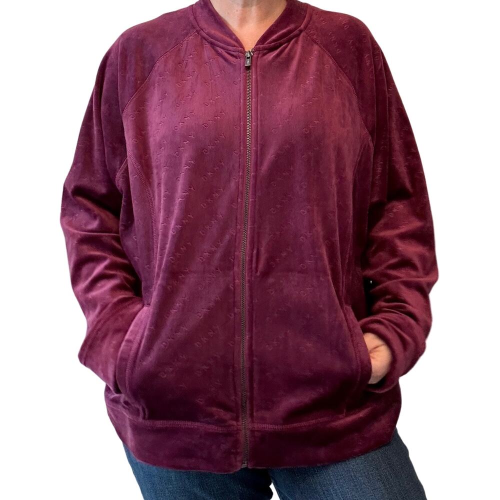 DKNY Sport Sweatshirt, Purple Velour with Etched Logo, Full-Zip, Oversized, XL